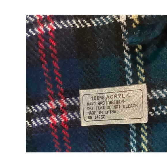 Plaid Rectangle Scarf with Fringe Blue Red White Yellow Approximately 12" x 54" - Picture 2 of 7